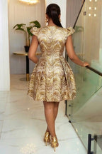 Round Neck Zip Up Puff Sleeve A-Line Gowns Mini Dresses-Gold