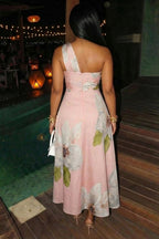 One Shoulder Floral Print Cinch Waist Gowns Maxi Dresses-Pink