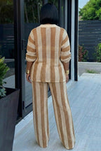 Striped Crochet Turndown Collar Shirt Pants 2pcs Set-Khaki