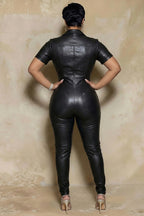 Short Sleeve Zip Up PU Leather Bodycon Party Jumpsuit-Black