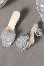 Rhinestone Flower Square Toe Slides Party Chunky Heels-Silver