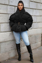 High Neck Long Sleeve Solid Color Crop Padded Coat-Black