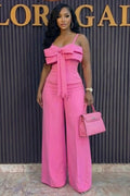Cami Neck Sleeveless Bow Decor Solid Color Casual Jumpsuit-Pink