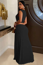 Deep V Neck Twisted Cutout Sleeveless High Slit Party Maxi Dresses-Red
