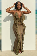 Halter Backless Ruffle Trim Slit Slim Fit Maxi Dresses-Green