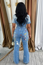 Splash Ink Print Denim Short Sleeve Bootcut Casual Jumpsuit-Blue