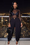 Mesh Mock Neck Long Sleeve Top Cuffed Pants Casual 2pcs Set-Black