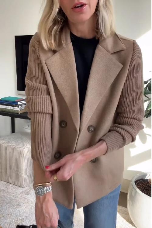 Women's Lapel Button Knitted Sleeve Casual Coat with Two Side Pockets