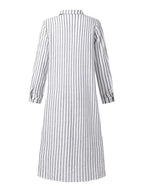 Women's Striped Cotton Linen Polo Collar Long-sleeved Shirt Dress