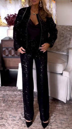 Women's Round Neck Zipper Sequin Top + Trousers Casual Suit
